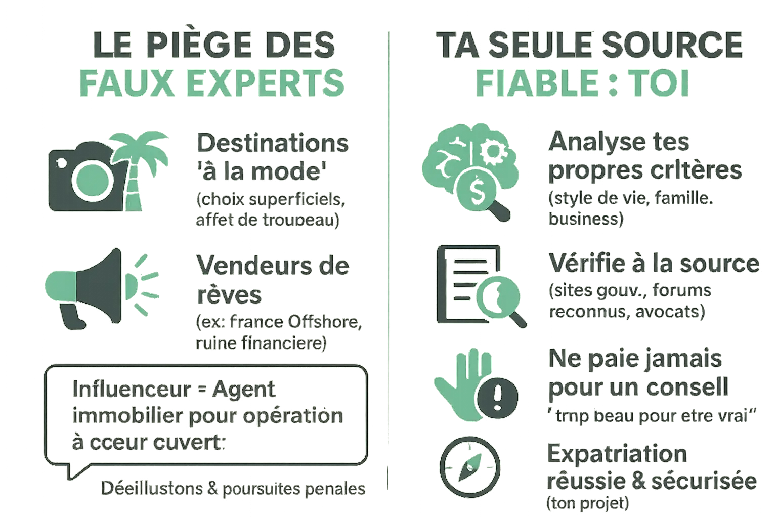 Illustration d'un homme tombant dans un piège tendu par un faux expert de l'expatriation sur les réseaux sociaux.