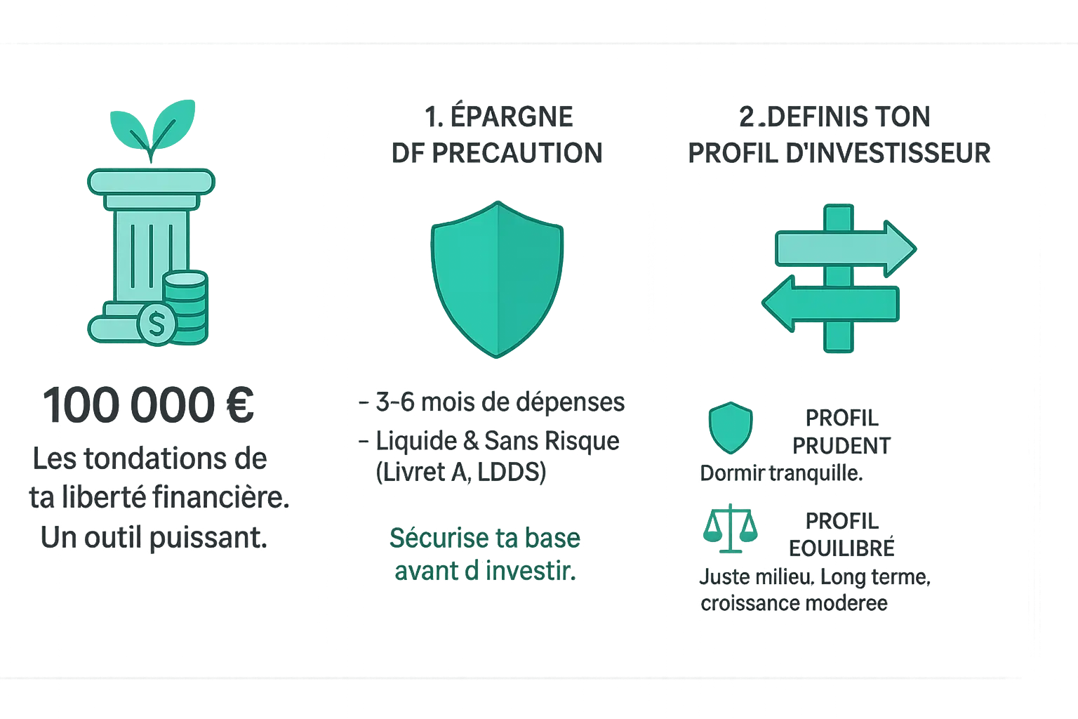 Infographie montrant les différentes options pour investir 100 000 euros selon le profil de risque : prudent, équilibré, dynamique.