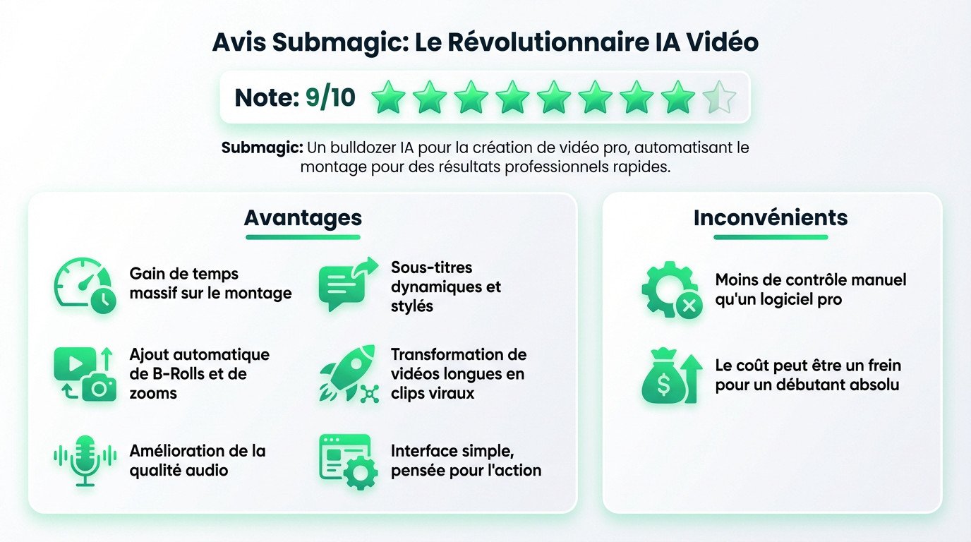 Avis submagic. Interface de Submagic montrant la création de vidéo avec l'ia et les sous-titres automatiques