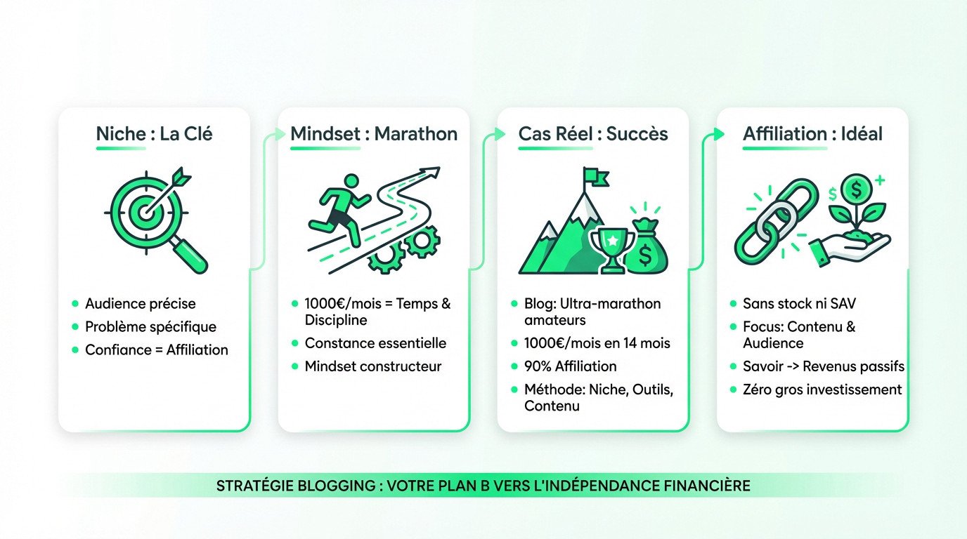 Illustration d'un espace de travail minimaliste pour le blogging de niche, symbolisant le Plan B et l'indépendance financière