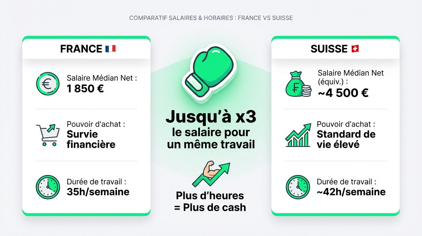 Salaire suisse : Graphique comparatif montrant l'écart significatif entre les salaires et les horaires de travail en France et en Suisse