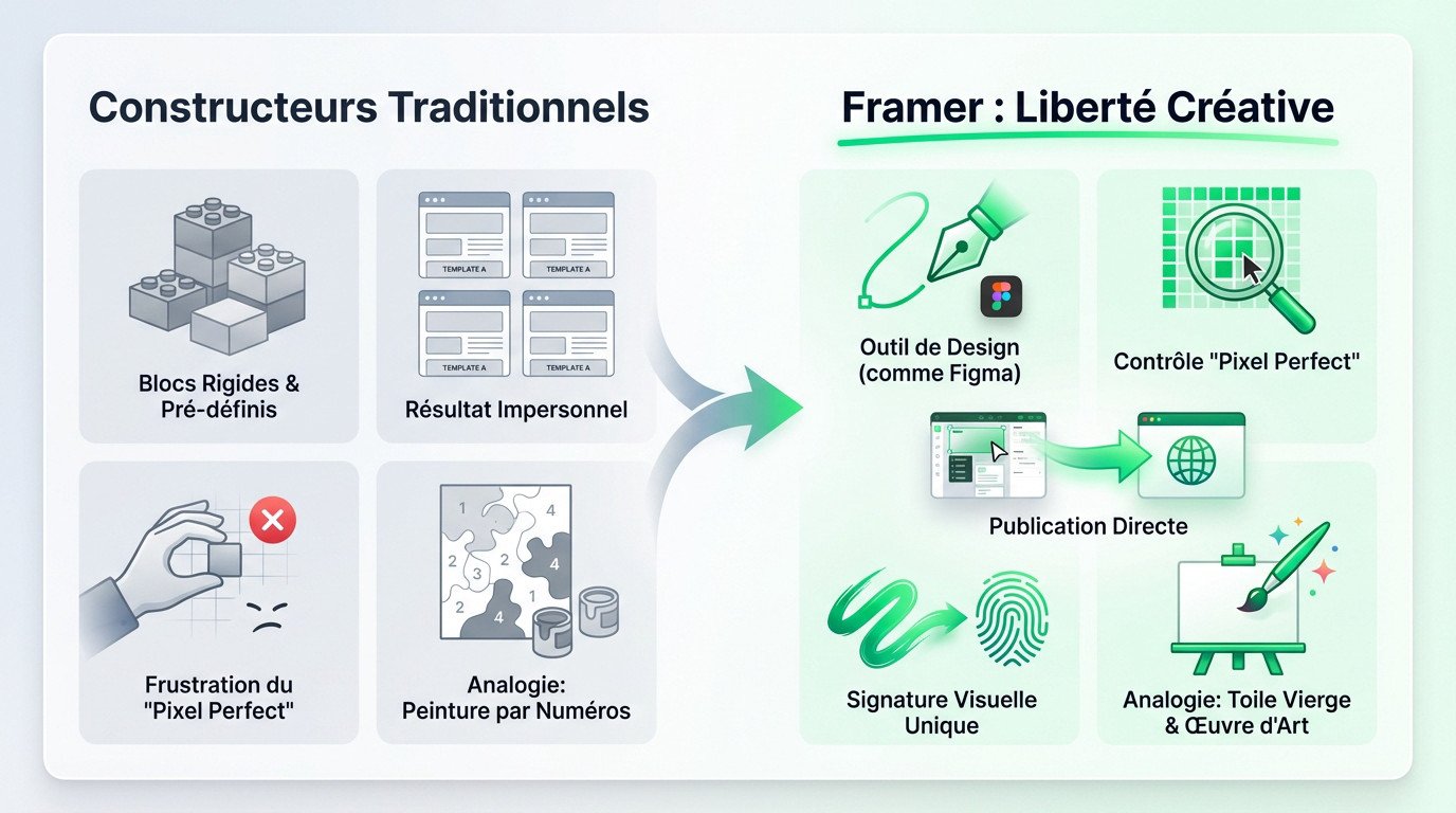 Comparaison visuelle entre la rigidité des constructeurs web classiques et la liberté créative offerte par Framer