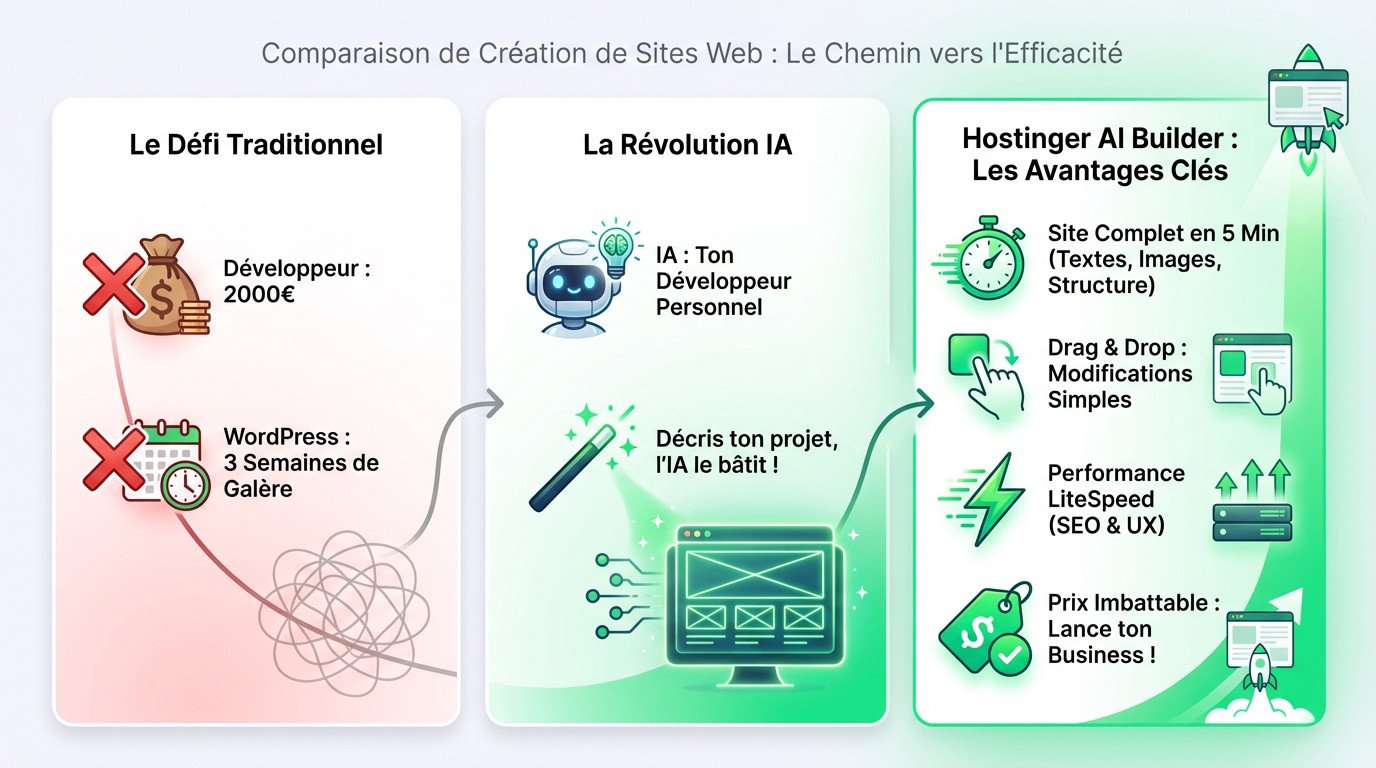 Comparaison entre la création de site web traditionnelle complexe et la création simplifiée par IA avec Hostinger