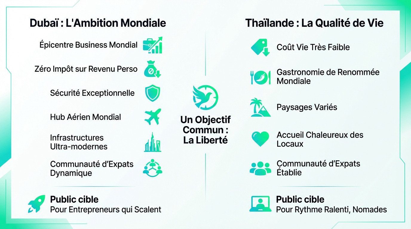 Comparaison entre le dynamisme urbain de Dubaï et la qualité de vie en Thaïlande pour l'expatriation en 2026