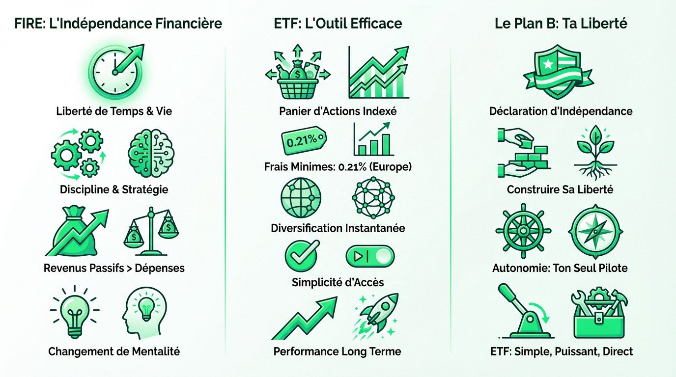 Illustration du concept FIRE et des ETF pour l'indépendance financière