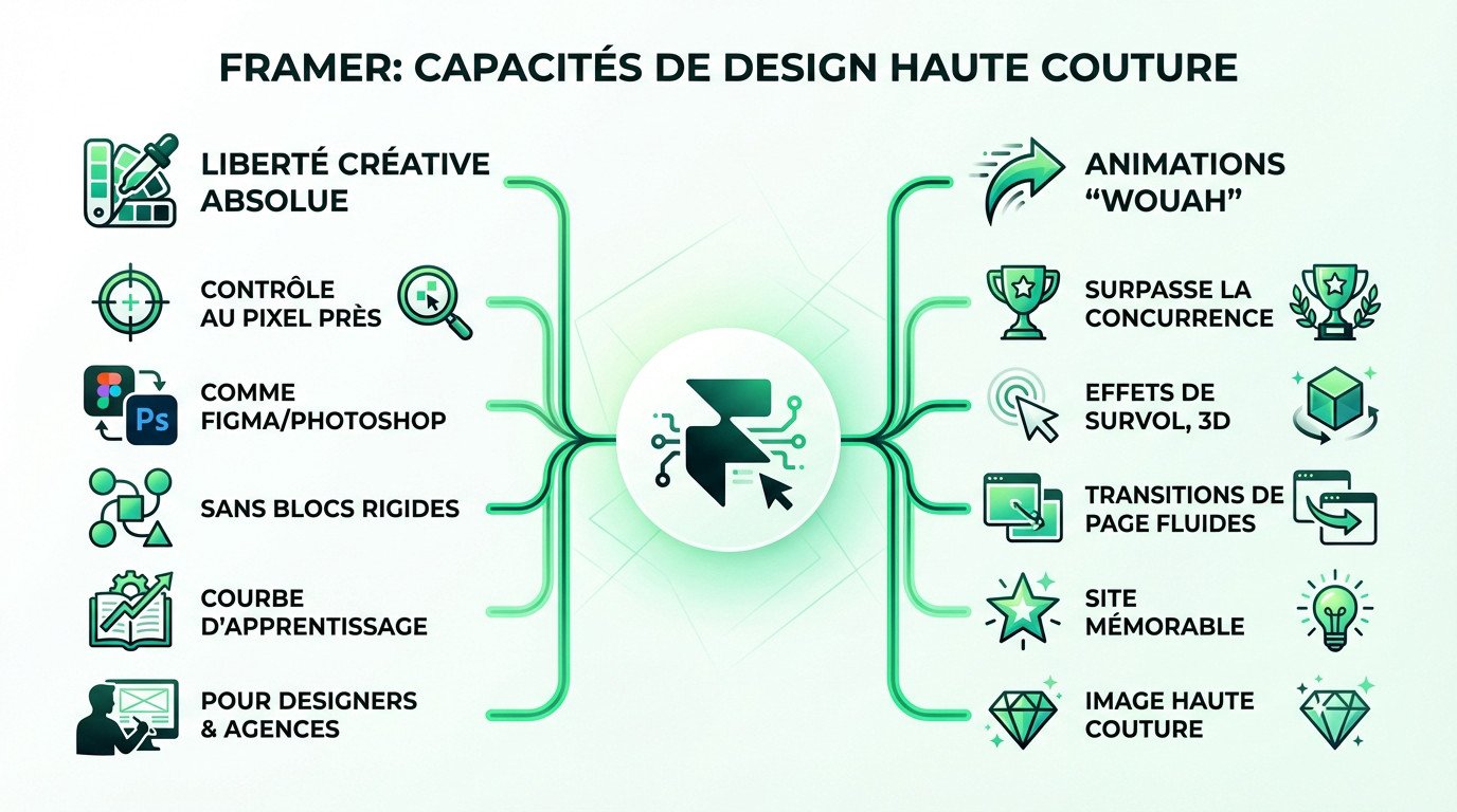 Interface de design Framer montrant des capacités de personnalisation avancées et pixel perfect