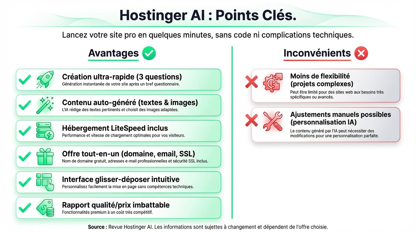 Avis Hostinger : Résumé des points clés et avantages du créateur de site IA Hostinger