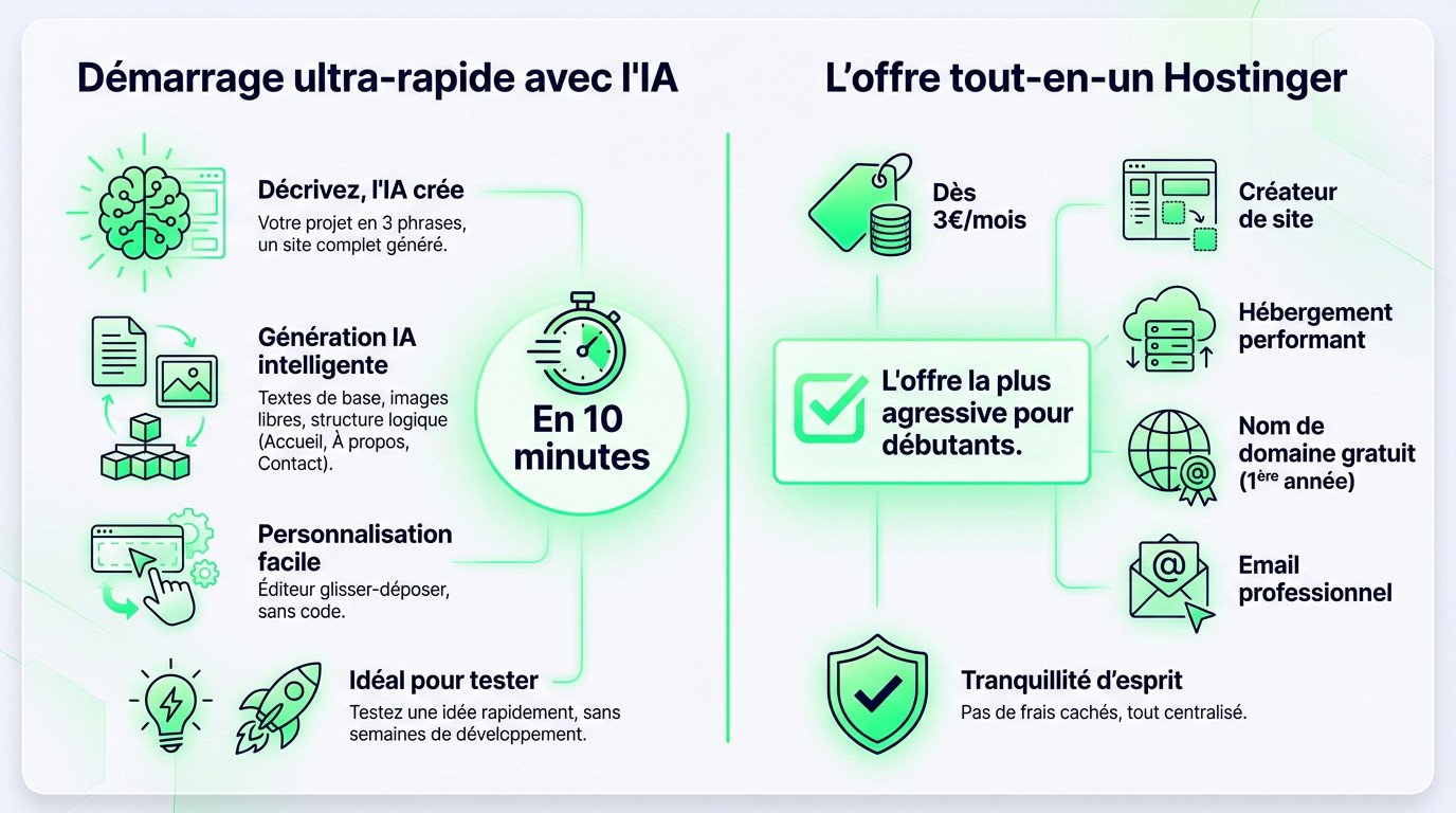 Interface du créateur de site Hostinger IA montrant la génération rapide d'un site web