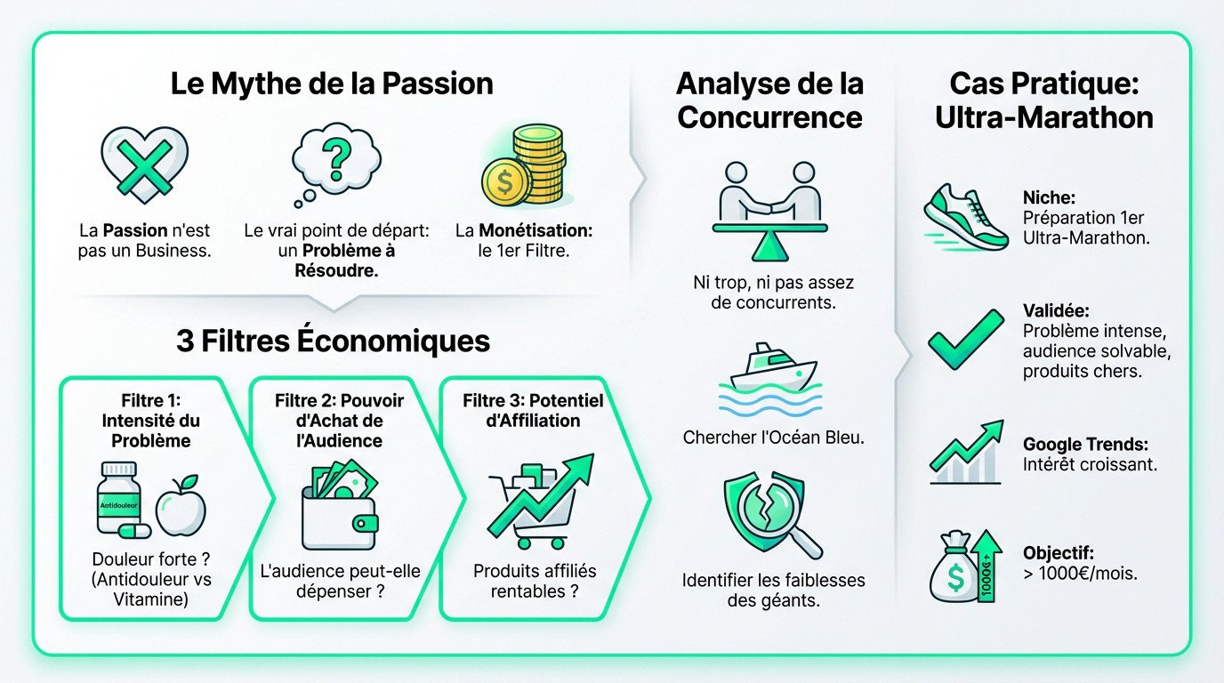 Infographie illustrant les 3 filtres pour valider une niche rentable : problème, pouvoir d'achat et affiliation