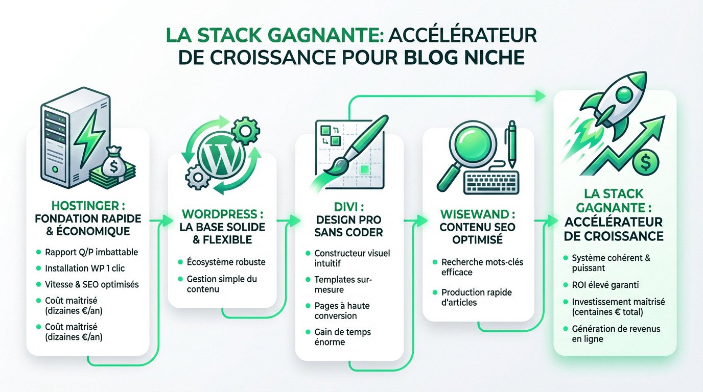 Illustration de la stack technique Hostinger Divi et Wisewand pour un blog de niche rentable