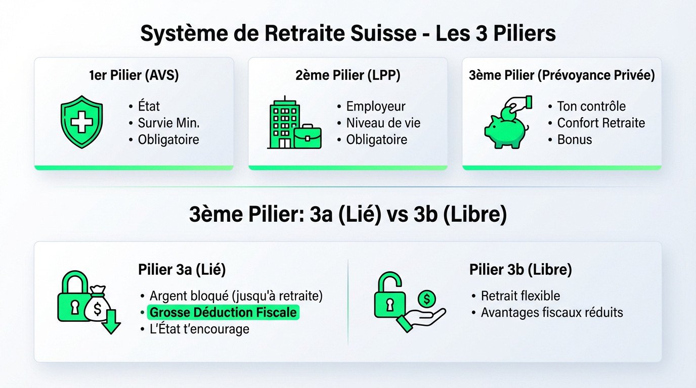 3eme pilier suisse : Schéma explicatif des 3 piliers du système de retraite suisse : AVS, LPP et 3ème pilier