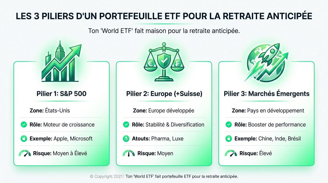 Illustration des 3 piliers ETF pour construire une retraite anticipée : S&P 500, Europe et Marchés Émergents