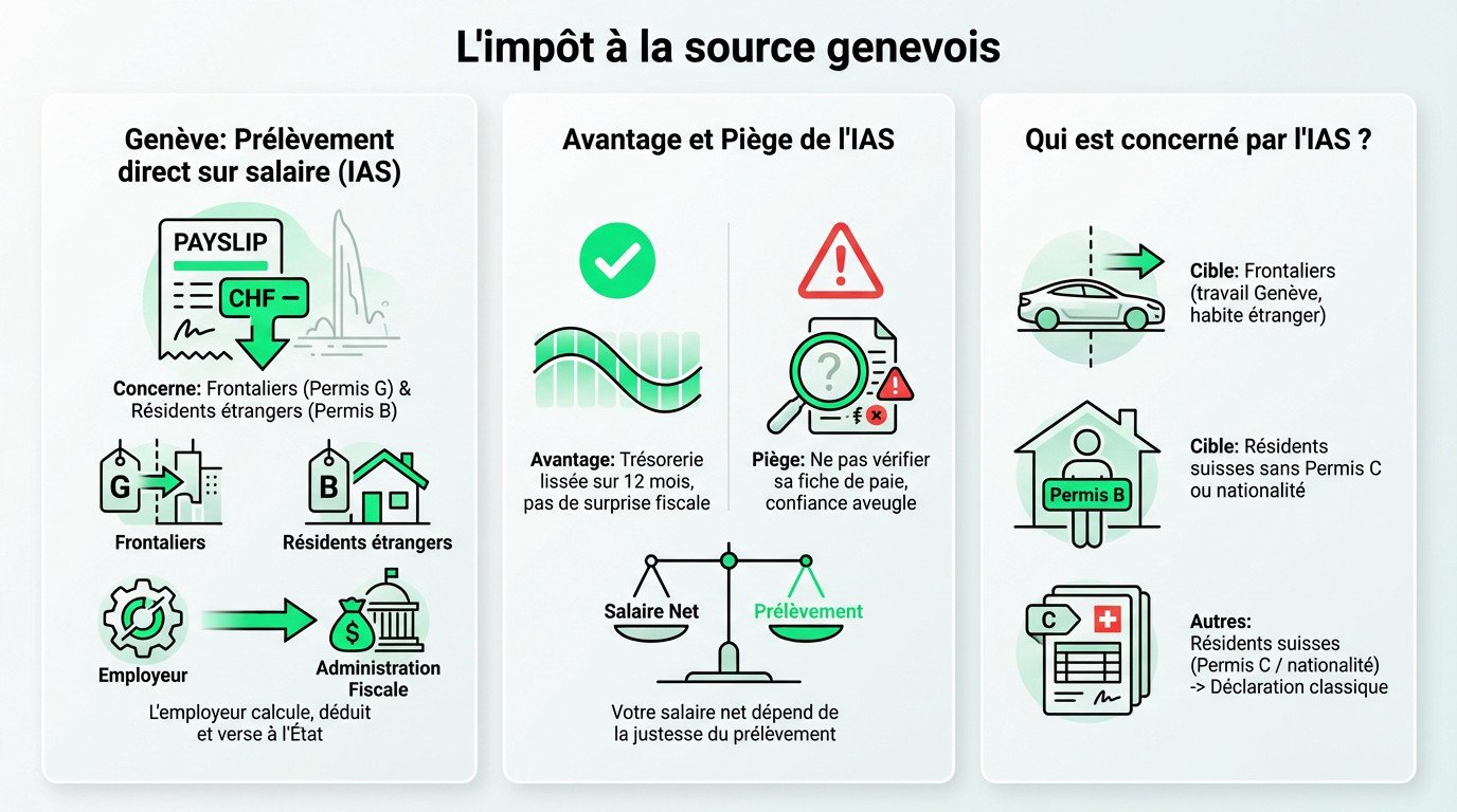 Impôt Genève Illustration du prélèvement de l'impôt à la source sur une fiche de paie genevoise