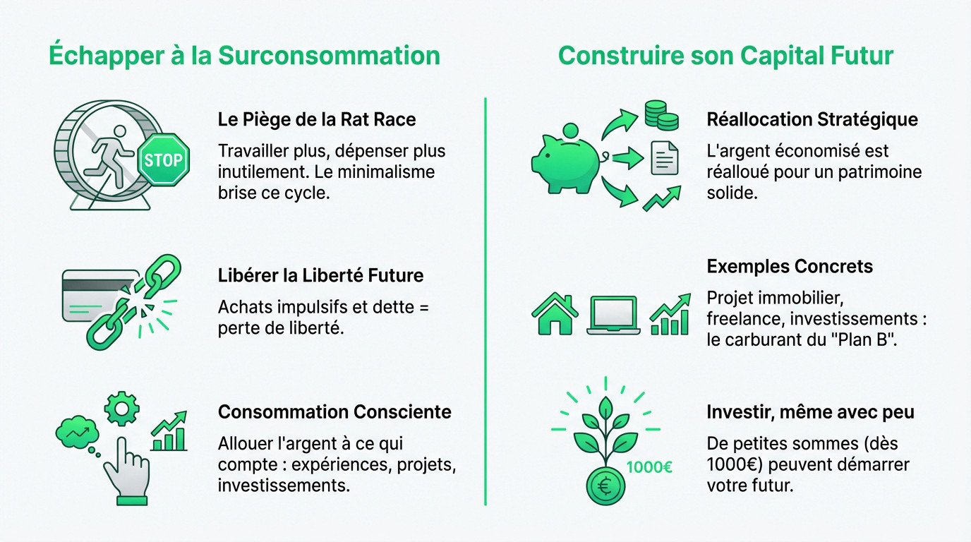 Illustration du minimalisme financier montrant une tirelire et un concept de liberté