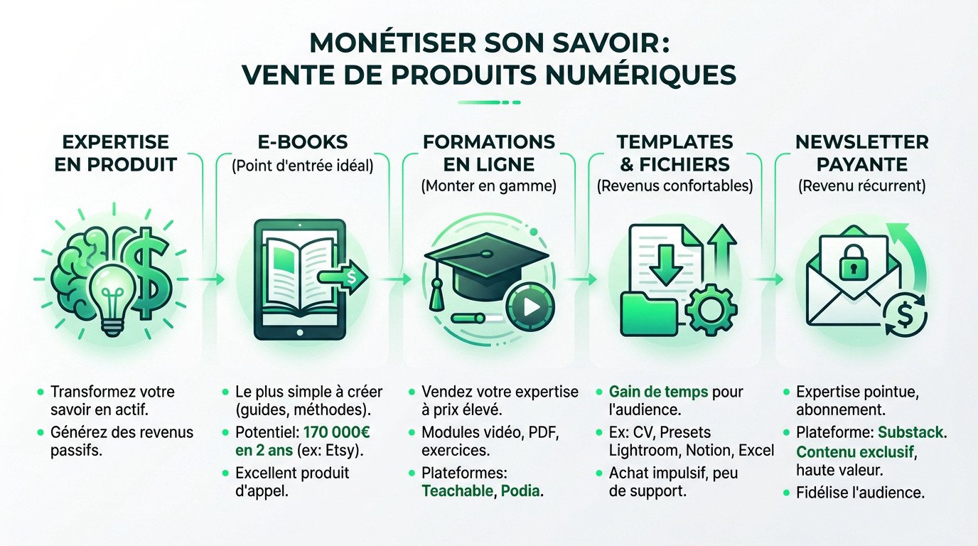 Illustration de produits numériques générant des revenus passifs sur un ordinateur portable