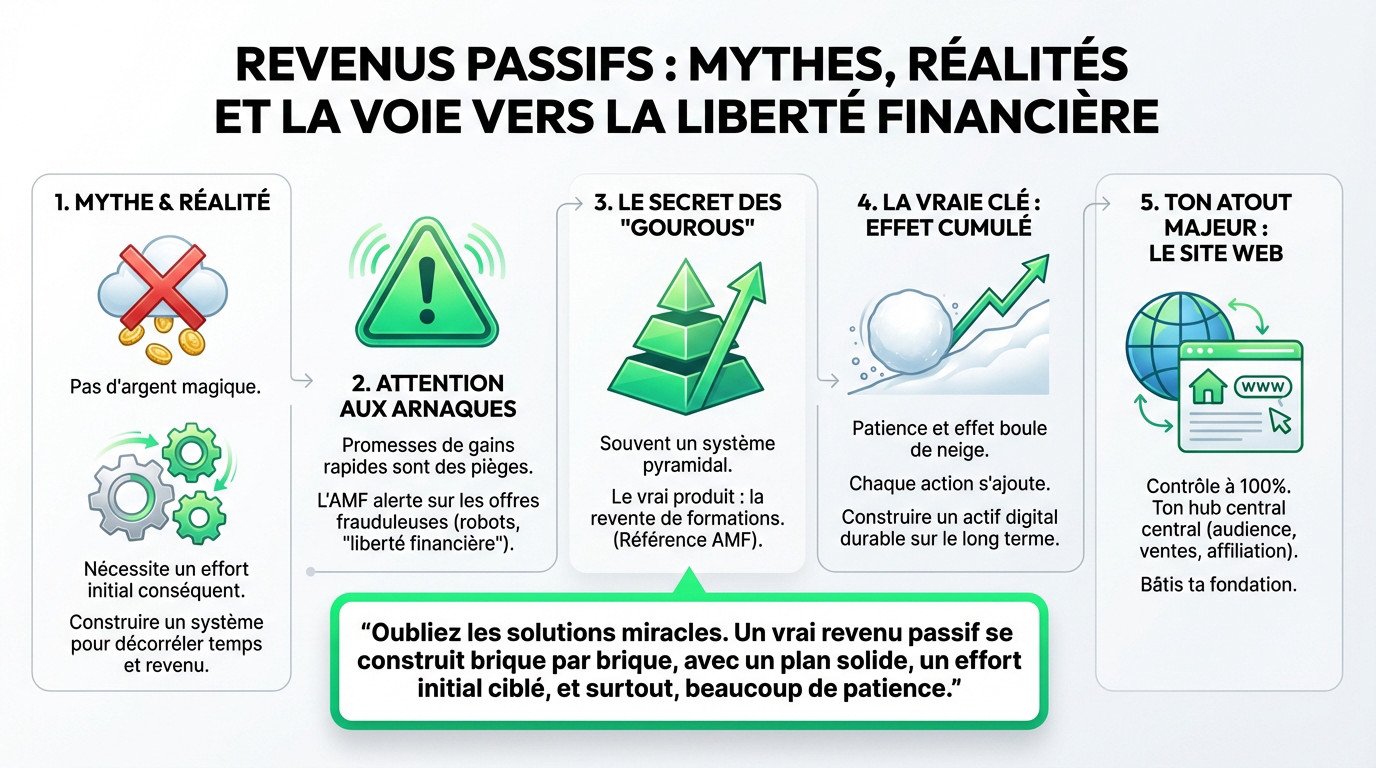 Revenus passifs site web. Illustration des mythes et réalités des revenus passifs et de la liberté financière 