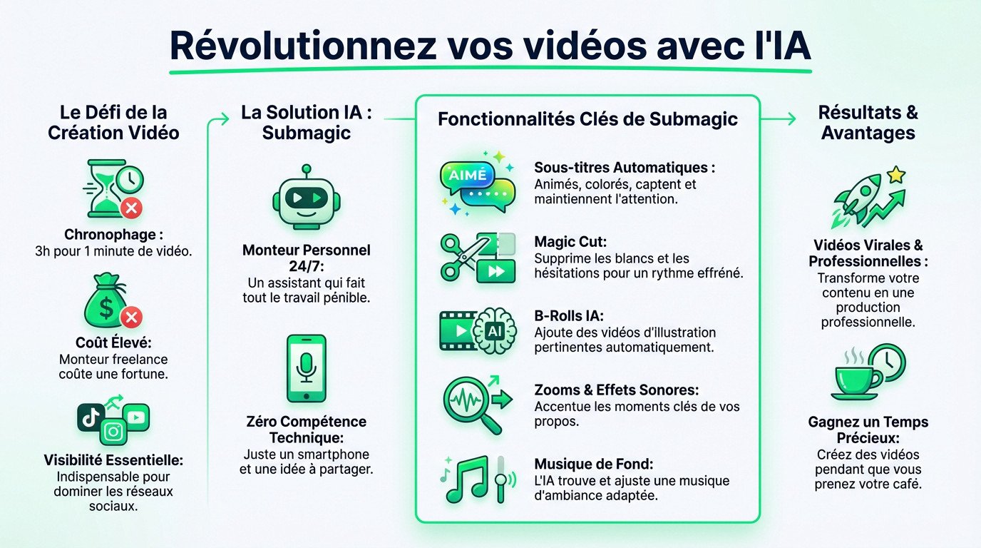 Interface de Submagic montrant le montage vidéo automatique et les sous-titres dynamiques