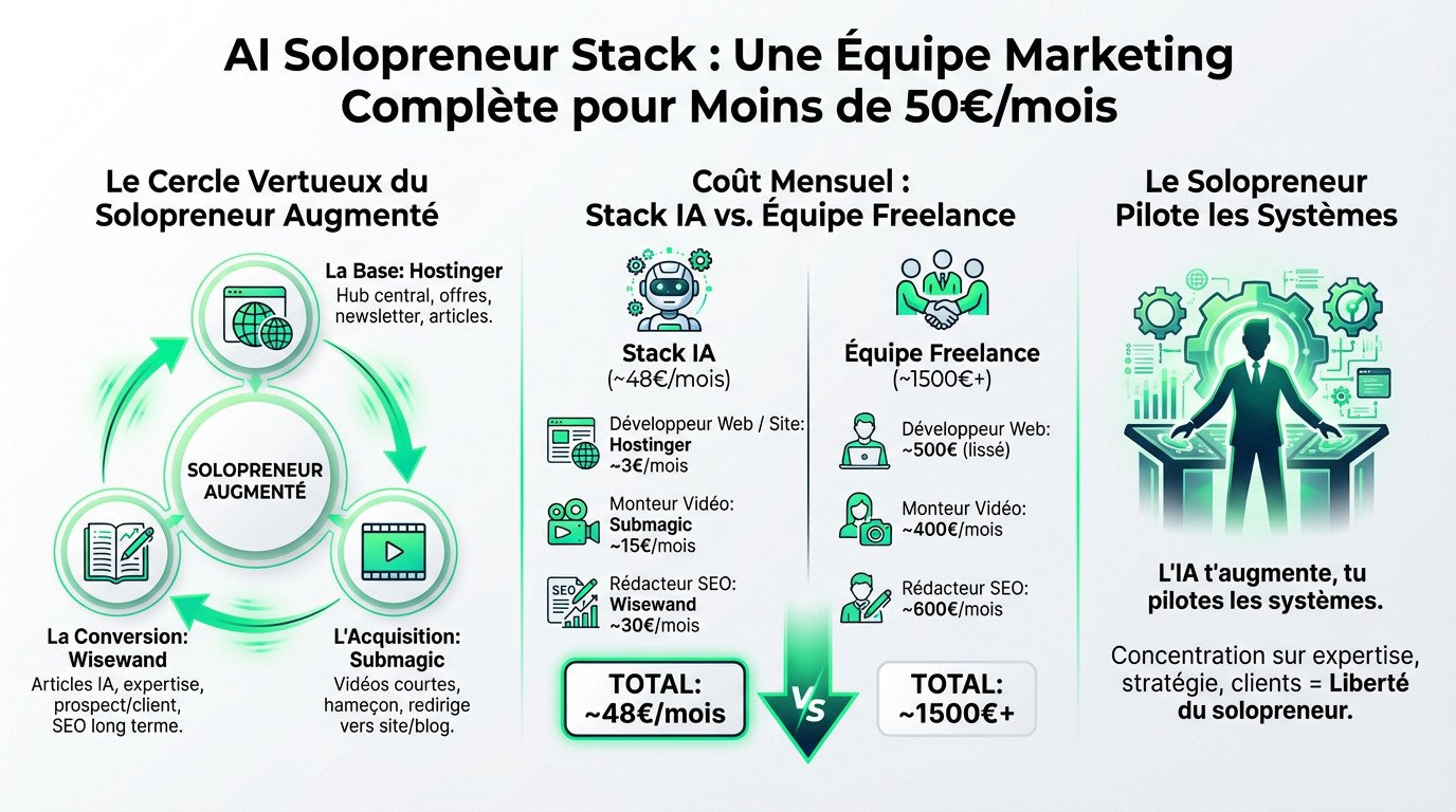 Illustration de la stack IA pour solopreneur : une équipe marketing complète pour moins de 50 euros par mois