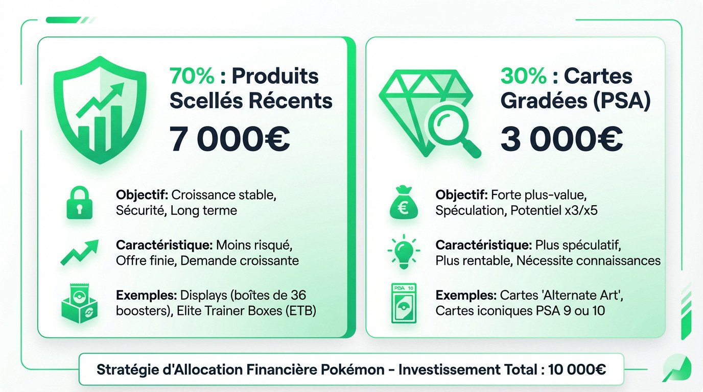 Graphique de répartition 70/30 pour un investissement de 10 000 euros en cartes Pokémon