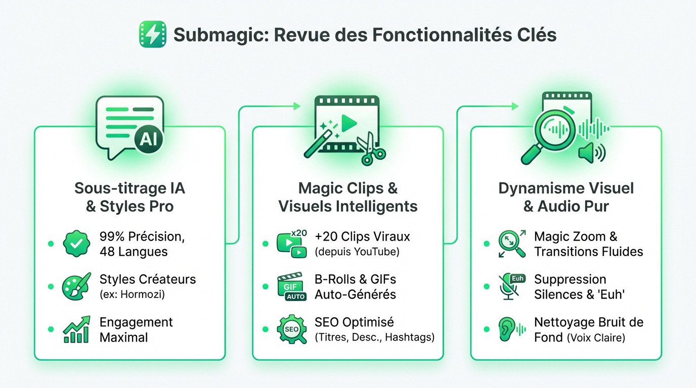 Interface de Submagic montrant les fonctionnalités d'édition vidéo par IA