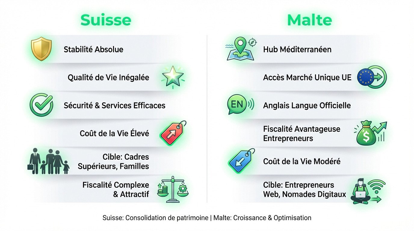 Comparaison qualité de vie Suisse vs Malte expatriation