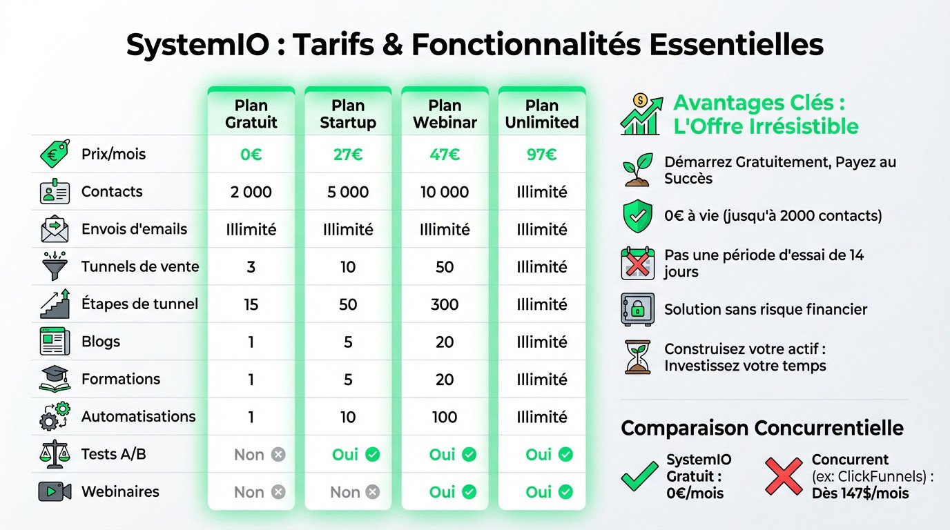 Tableau récapitulatif des tarifs et fonctionnalités essentielles de Systeme.io