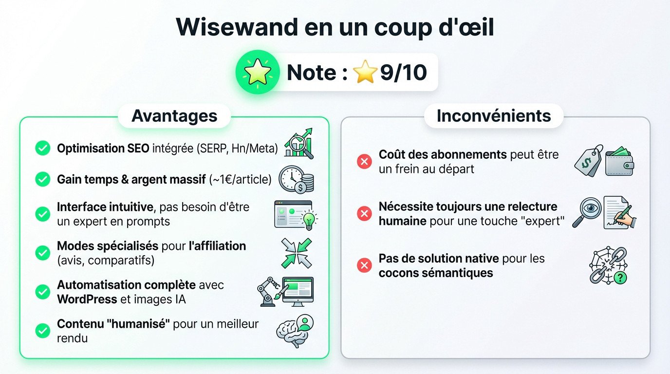 Avis Wisewand : Tableau récapitulatif des avantages et inconvénients de l'outil Wisewand