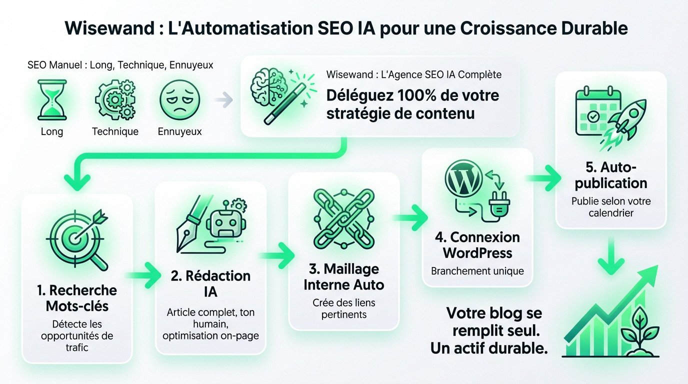 Interface de Wisewand montrant l'automatisation de la rédaction SEO et la croissance du trafic organique