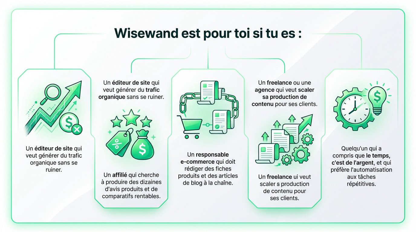 Illustration des profils utilisateurs idéaux pour Wisewand : freelances, e-commerçants et éditeurs de sites