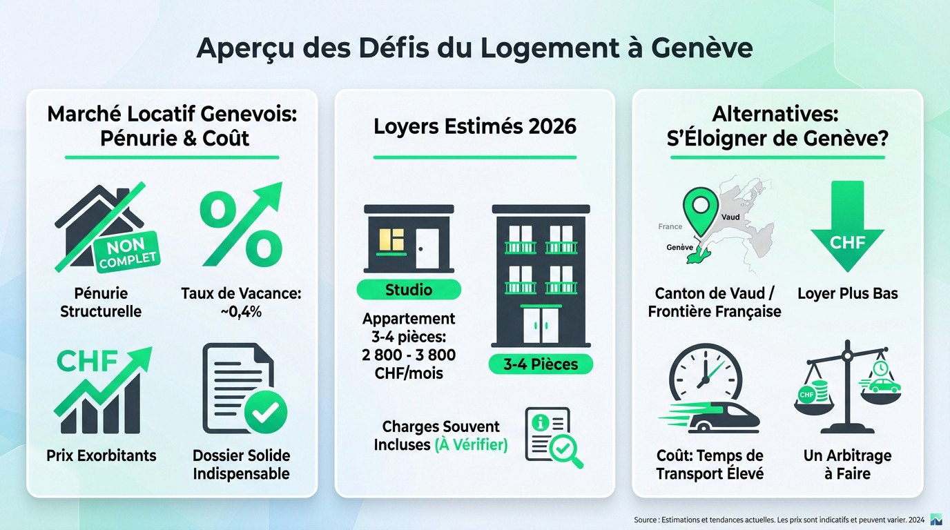 Coût vie Genève Suisse 2026 : Graphique illustrant la pénurie de logements et les loyers élevés à Genève en 2026