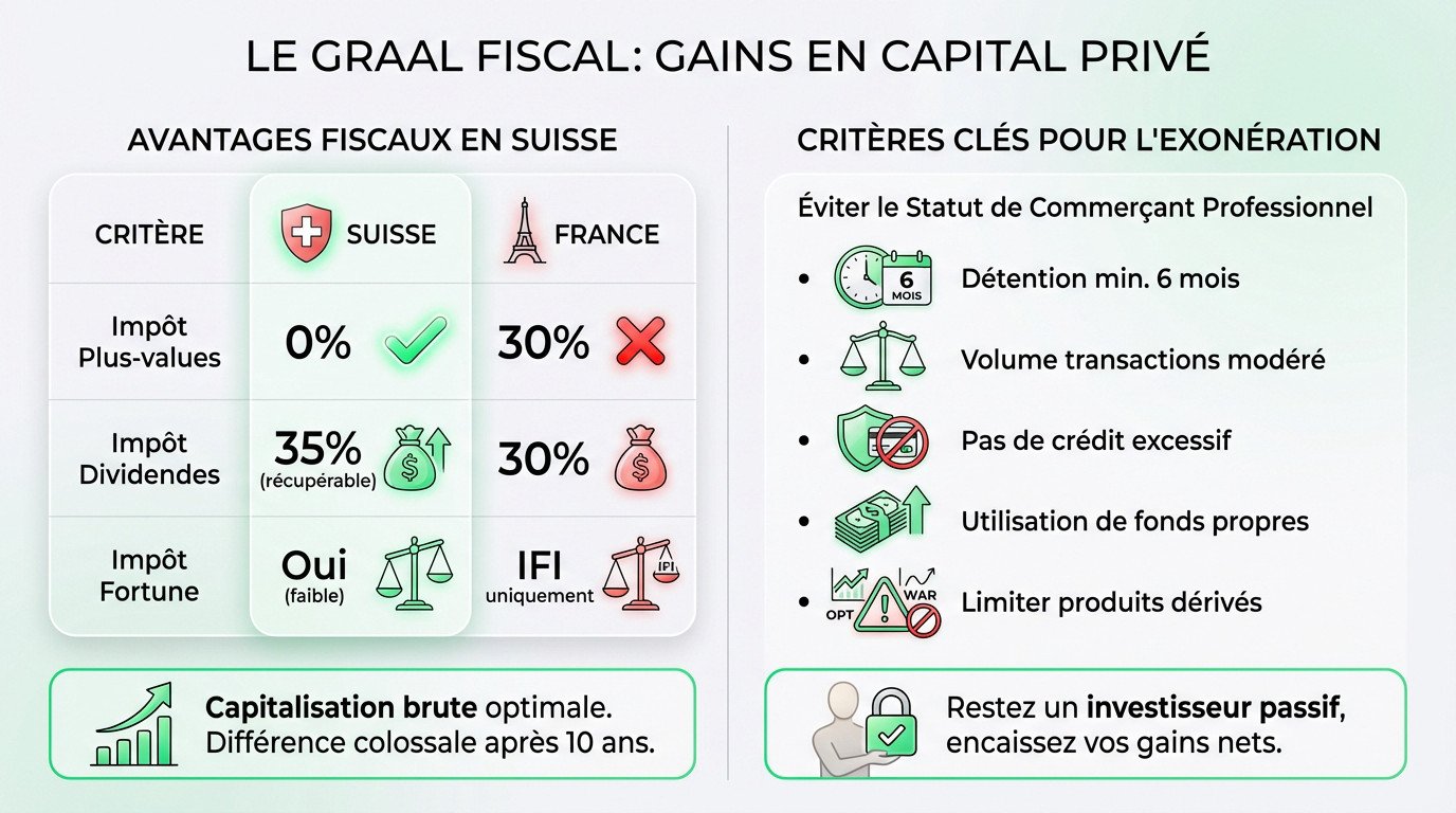 Avantages fiscaux en Suisse pour les gains en capital privé et investissement