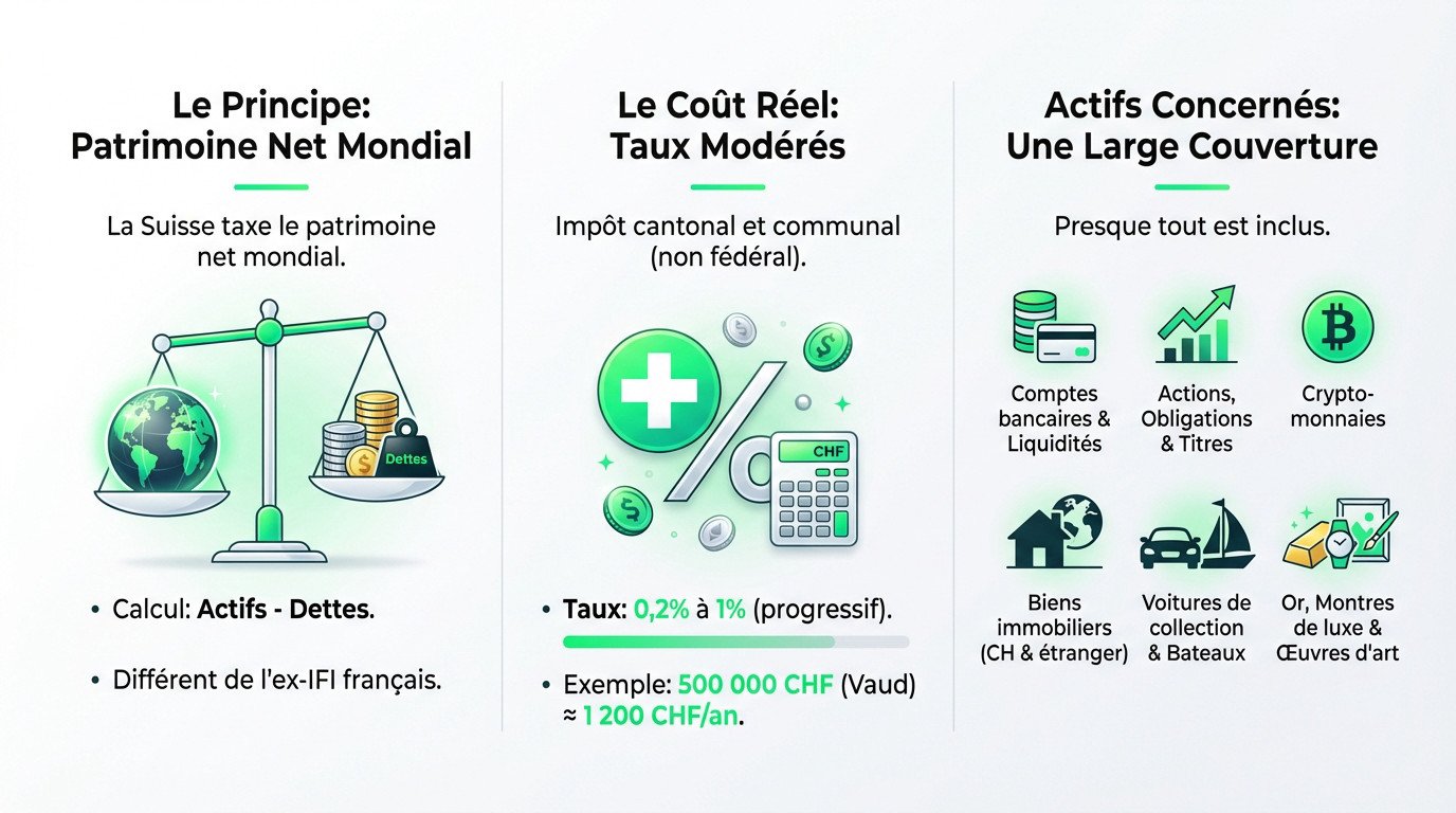 Impôt fortune plus-value suisse, Schéma explicatif du fonctionnement de l'impôt sur la fortune en Suisse comparé aux actifs imposables