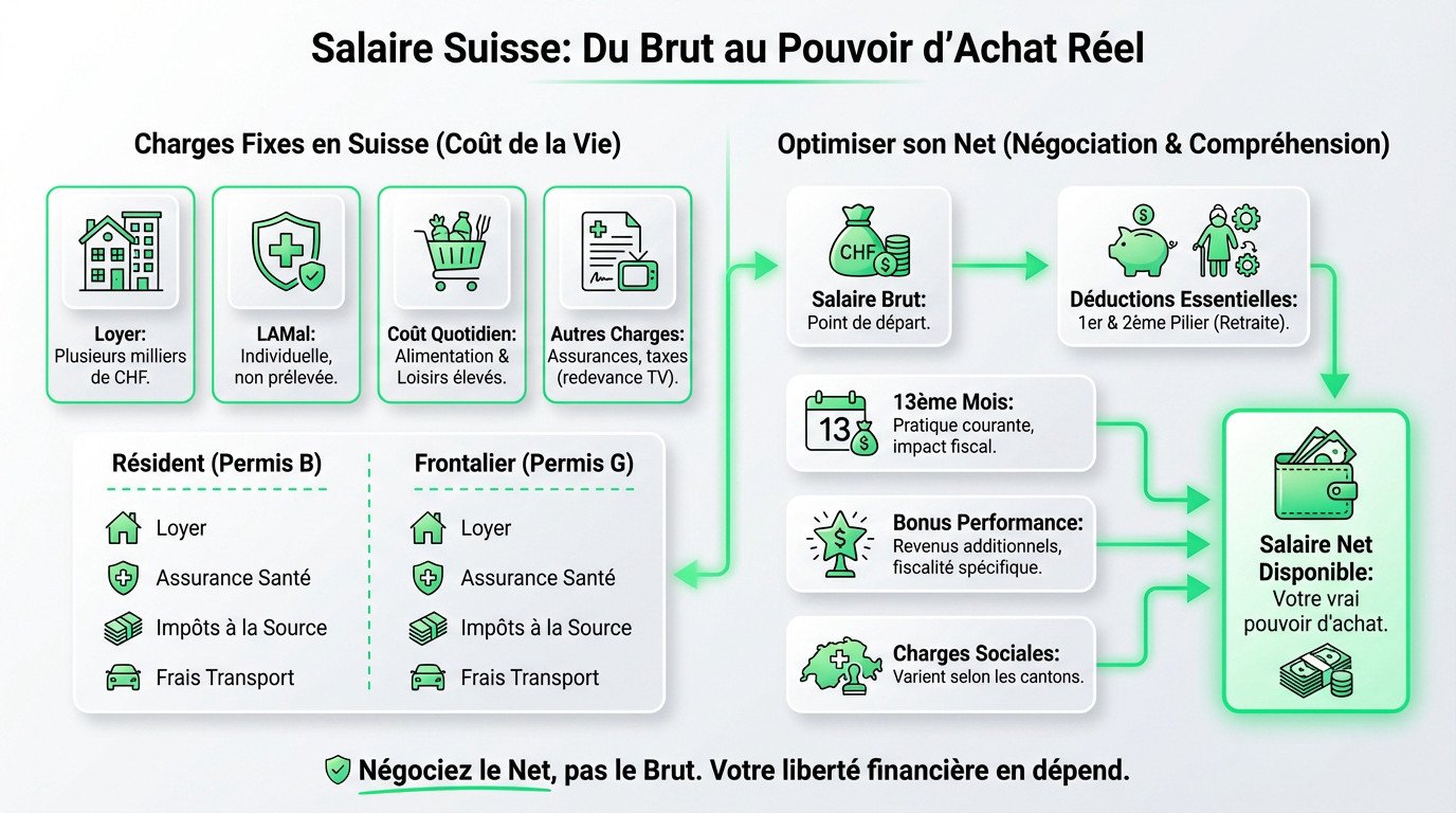 Vivre en Suisse : infographie sur le passage du salaire brut au pouvoir d'achat réel en Suisse