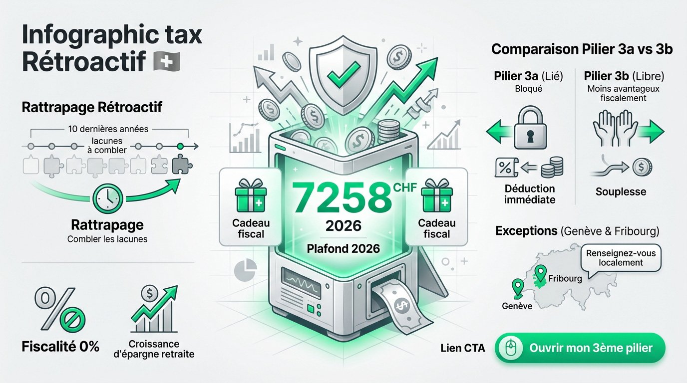 Infographie expliquant comment optimiser son 3ème pilier en Suisse pour réduire ses impôts